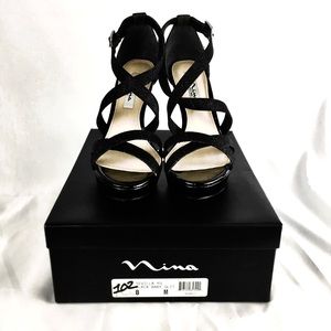 NINA Black Glitter High Heel Strap Sandal Shoe